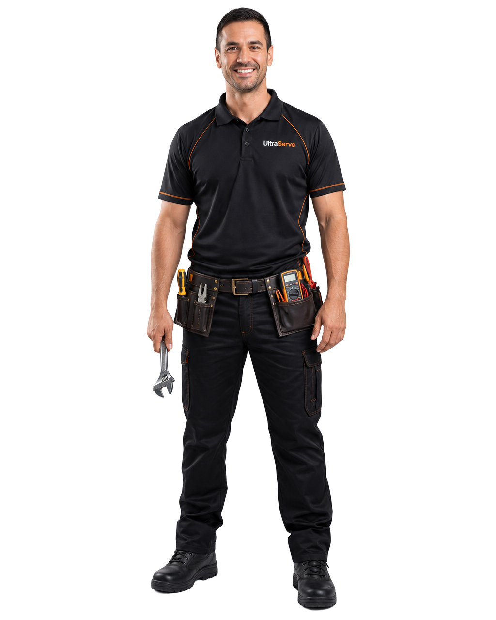UltraServe certified appliance repair technician holding a wrench, standing in front of a refrigerator with a washing machine, coffee machine and toaster